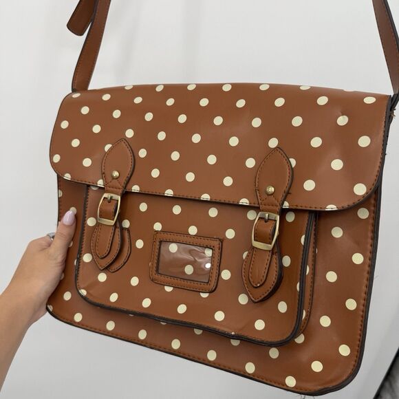 LYDC London Tan & White Polka Dot Satchel Bag Crossbody Vintage - Picture 4 of 13